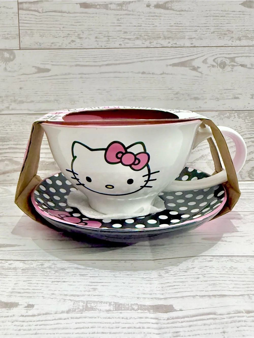 Hello Kitty Pink White and Black Ceramic Tea Cup and Saucer Set Microwave Safe